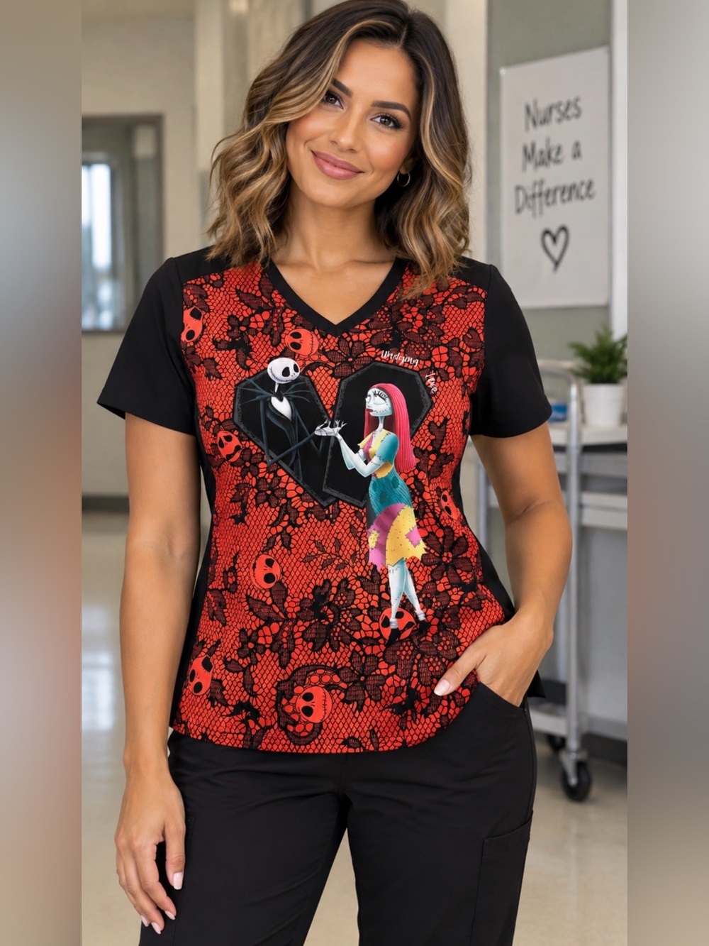 Disney Nightmare Before Christmas Jack Sally Halloween Scrub Top